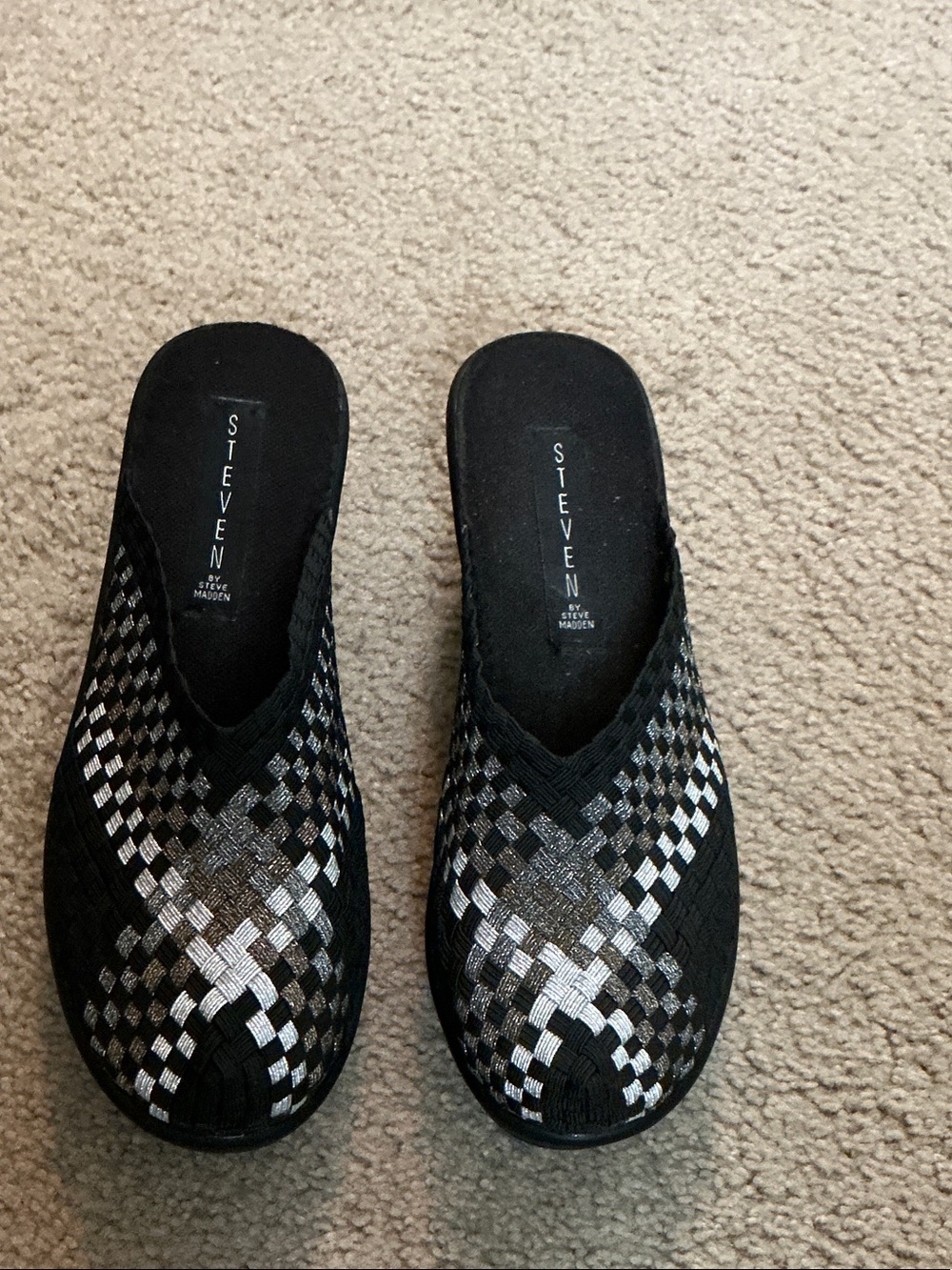 Steven By Steve Madden Black Woven Slip-On Mules with Silver Detail